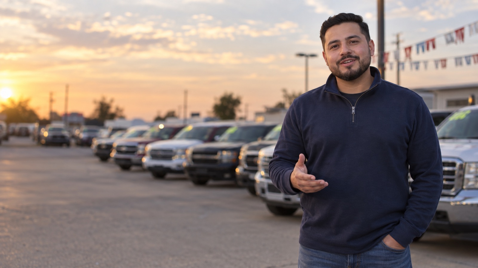 Marco, Lot Answer's guide, on a used-car lot at dusk